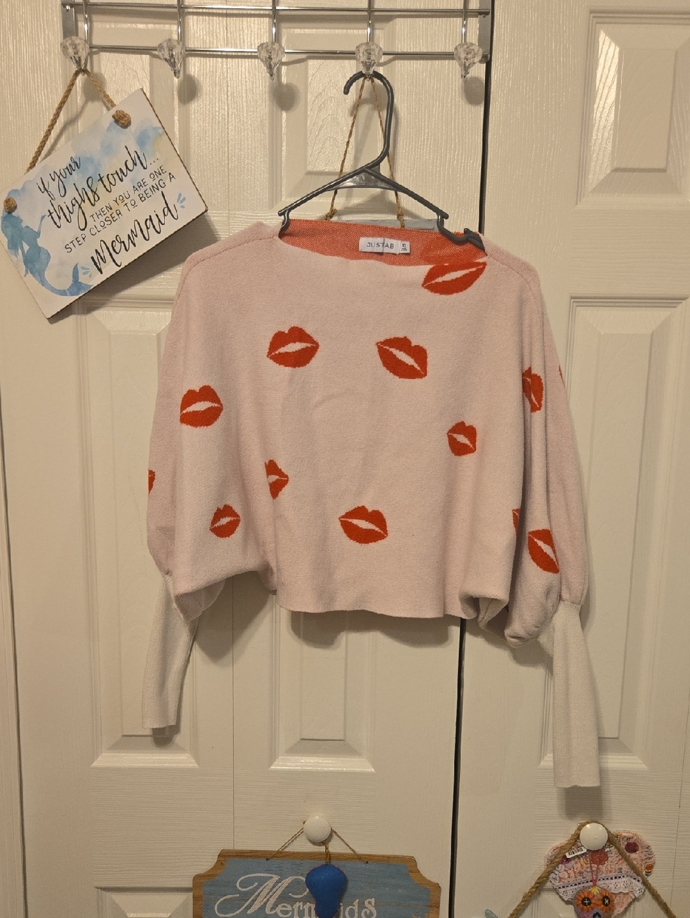 JustFab Pale Pink Cropped Crewneck Sweater with Red Lip Prints